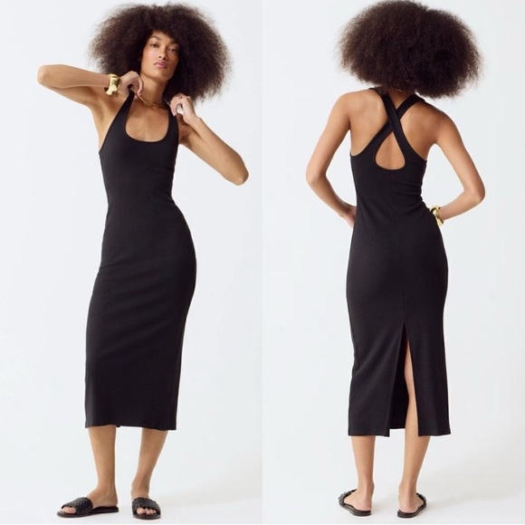 J Crew Ribbed Crossback Midi Tank Dress Black Sz Medium - Picture 1 of 9